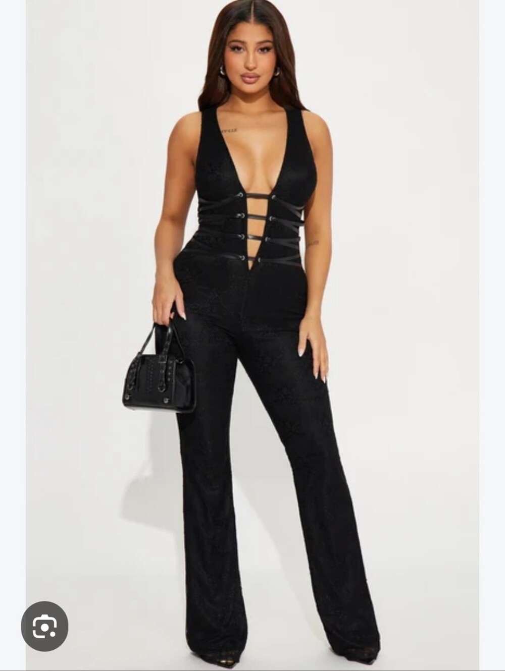 NWT Outcast Plunge Black Lace Sawyer Jumpsuit Wide Leg Flared Large